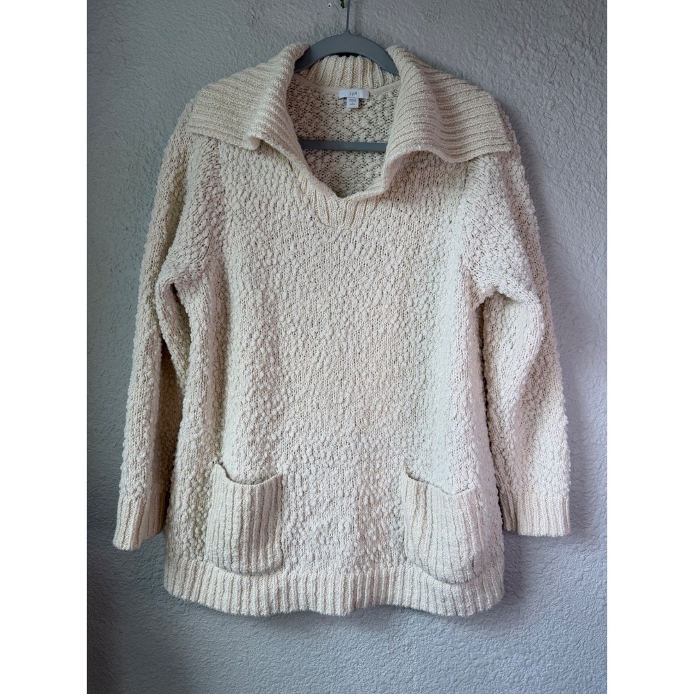 J. Jill Cream‎ Popcorn Knit Sweater Womens Large Petite V-Neck Pocket Pullover